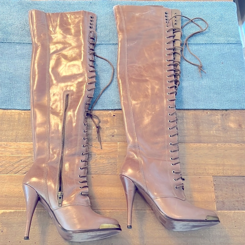 Over-the-knee leather lace-up boots